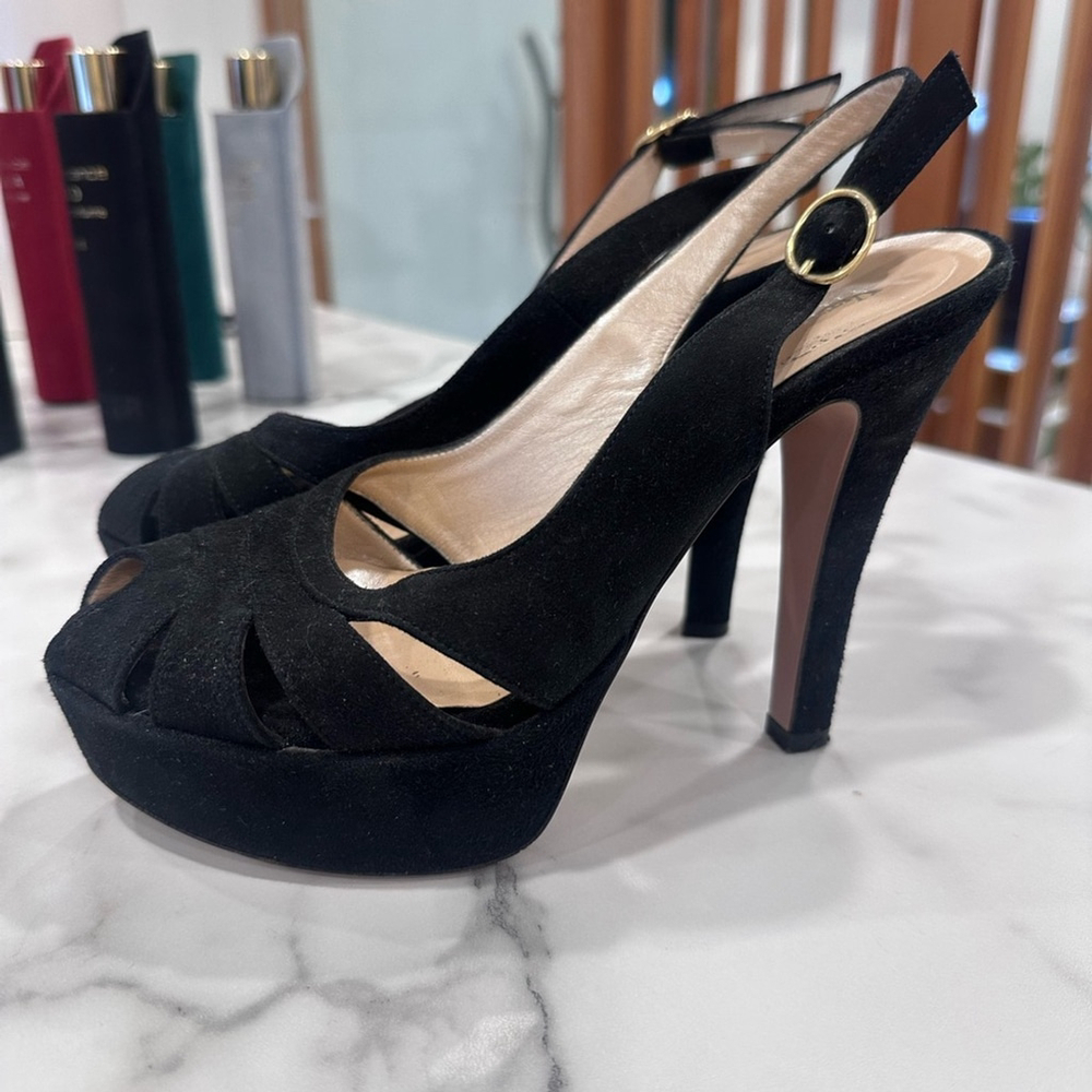 Black Suede Peep-Toe Platform Heels